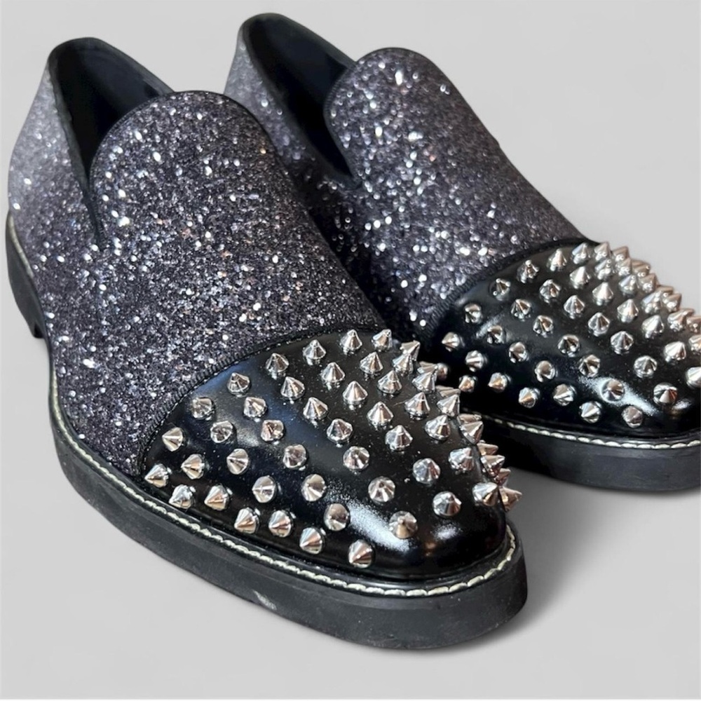 Men's Black Glitter & Studded Slip-On Loafers